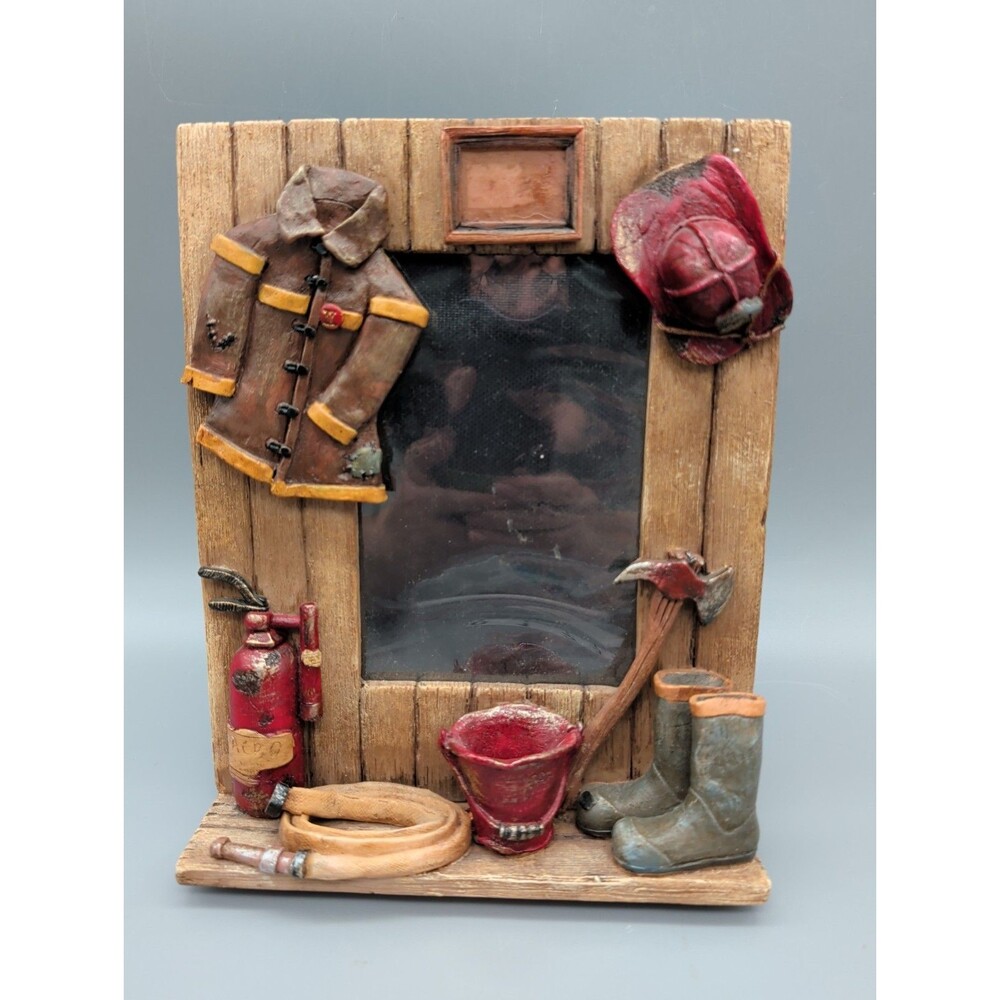 Vintage Firefighter Picture Frame 3D Resin Fireman Turnout Gear Boots Helmet Axe